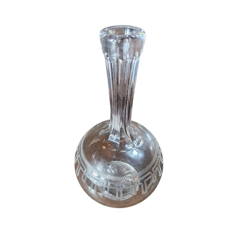 Vintage Glass Decanter With Etching Without Its Stopper.
